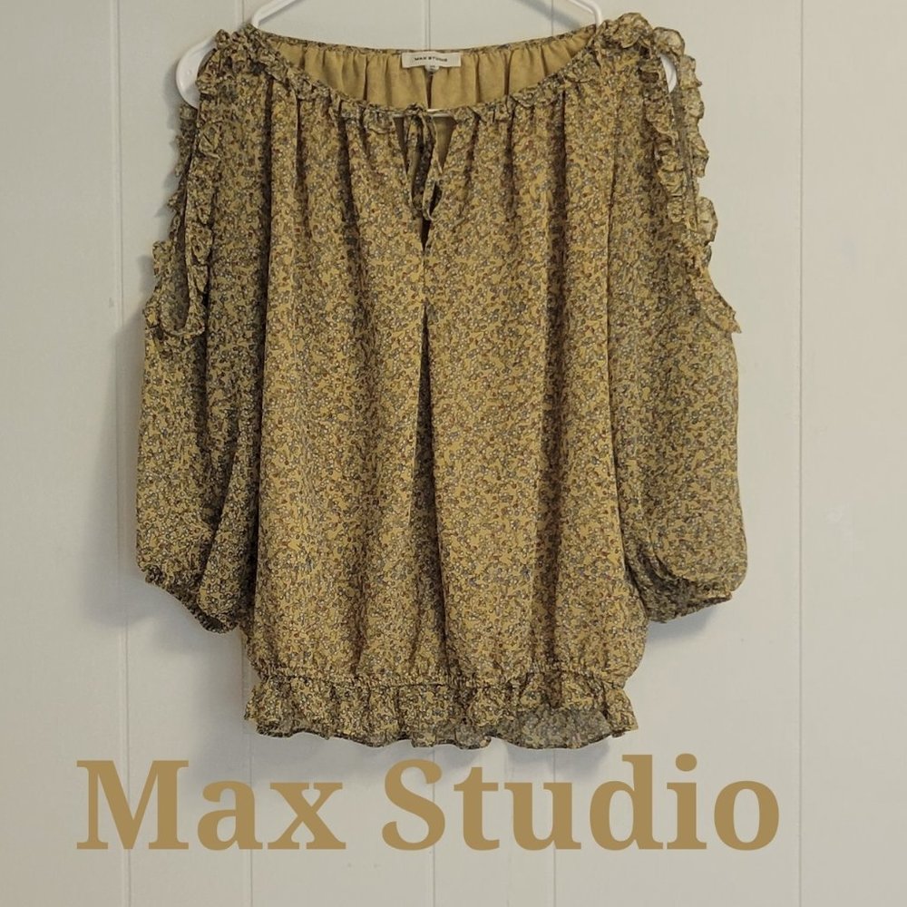 Max Studio cute yellow cold shoulder peasant chiffon blouse Sz: S